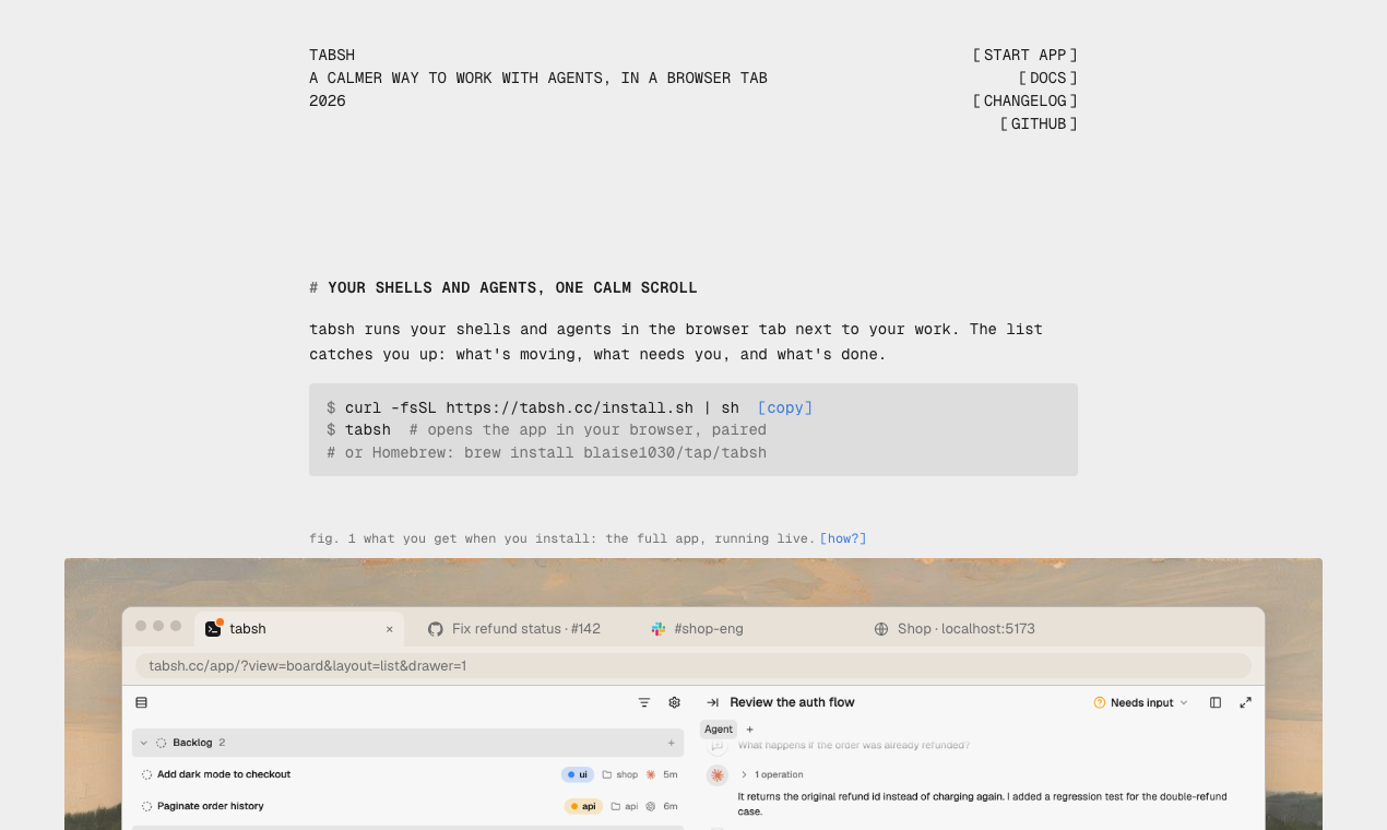 The tabsh cover: your shells and agents, one calm scroll.