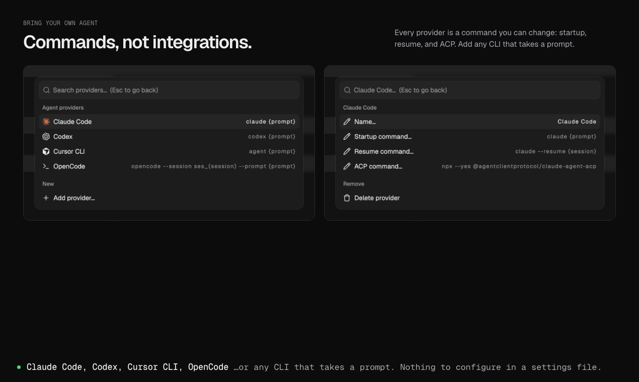 Agent providers as commands: Claude Code, Codex, Cursor CLI and OpenCode.